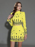Fashion Women's Heavy Industry Diamond Two Piece Set Short Long Sleeve Tops Wrapped Hip Mini Skirt Female Outfit