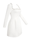 Elegant Mini Square Collar Diamond Evening Dress Short A-Line Long Sleeves White Pocket Princess Prom Gowns 2024 New