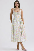 Vintage Floral Halter Midi Sundress Women's High Waist Pink Blue Black Red Dresses Summer Dresses Female Birthday Robe 2025 New