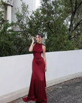 Elegant Burgundy Satin Long Dress Sexy Women's Corset High Waist Maxi Mermaid Dresses Evening Party Cocktail Wedding Guest