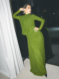 Elegant Pleated Mesh Shawl Maxi Dress Chic Long Sleeve Slim Fit Dresses 2026 Spring New O-Neck Party Prom Gowns Chic