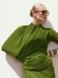 Elegant Pleated Mesh Shawl Maxi Dress Chic Long Sleeve Slim Fit Dresses 2026 Spring New O-Neck Party Prom Gowns Chic