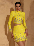 Fashion Women's Heavy Industry Diamond Two Piece Set Short Long Sleeve Tops Wrapped Hip Mini Skirt Female Outfit