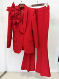 Women's Suits Solid Fashion 3D Flowers Single Breasted Blazer 2 Piece Jacket Pants Outfits Female Formal Pantsuit Set