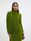 Elegant Pleated Mesh Shawl Maxi Dress Chic Long Sleeve Slim Fit Dresses 2026 Spring New O-Neck Party Prom Gowns Chic
