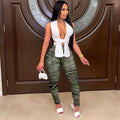 Women 2 Pieces Set Low-Neck Solid Lace Up Corset Top+Stripe Swirl Print Pants Elastic Skinny Sporty Street Outfits