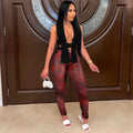 Women 2 Pieces Set Low-Neck Solid Lace Up Corset Top+Stripe Swirl Print Pants Elastic Skinny Sporty Street Outfits