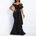 Winter Women Slash Neck Short Sleeve Pearl Dress Sexy Office Lady Africa Evening Night Club Party Long Maxi Dresses GL05143
