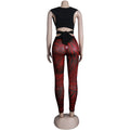 Women 2 Pieces Set Low-Neck Solid Lace Up Corset Top+Stripe Swirl Print Pants Elastic Skinny Sporty Street Outfits