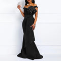 Winter Women Slash Neck Short Sleeve Pearl Dress Sexy Office Lady Africa Evening Night Club Party Long Maxi Dresses GL05143