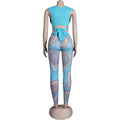 Women 2 Pieces Set Low-Neck Solid Lace Up Corset Top+Stripe Swirl Print Pants Elastic Skinny Sporty Street Outfits