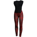 Women 2 Pieces Set Low-Neck Solid Lace Up Corset Top+Stripe Swirl Print Pants Elastic Skinny Sporty Street Outfits
