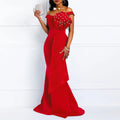 Winter Women Slash Neck Short Sleeve Pearl Dress Sexy Office Lady Africa Evening Night Club Party Long Maxi Dresses GL05143