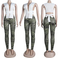 Women 2 Pieces Set Low-Neck Solid Lace Up Corset Top+Stripe Swirl Print Pants Elastic Skinny Sporty Street Outfits