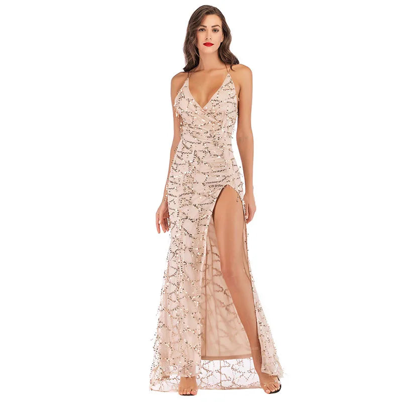 Gold Summer Split Apparel Sexy Women Dress Backless Vintage Dress Sequin Tassel Party Club Wear Maxi Floor Length Dress