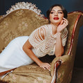 Fashion Pearl Shawl Tops Women 2026 O-neck Handmade Beading Shawl Top Ladies Party Female Elegant Shawl Tops