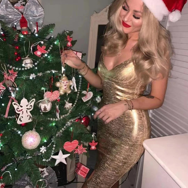 Women's Gold Bandage Dress Bodycon Spaghetti Celebrity Runway Sexy Club Costume Party Summer 2026 New