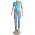Women 2 Pieces Set Low-Neck Solid Lace Up Corset Top+Stripe Swirl Print Pants Elastic Skinny Sporty Street Outfits