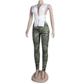 Women 2 Pieces Set Low-Neck Solid Lace Up Corset Top+Stripe Swirl Print Pants Elastic Skinny Sporty Street Outfits