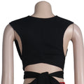Women 2 Pieces Set Low-Neck Solid Lace Up Corset Top+Stripe Swirl Print Pants Elastic Skinny Sporty Street Outfits