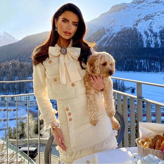 2026 Winter New Women Tweed Fringed 2 Two-Piece Set Sexy Long Sleeve Button Jacket + Short Skirt Set Vestidos Party Suit