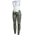 Women 2 Pieces Set Low-Neck Solid Lace Up Corset Top+Stripe Swirl Print Pants Elastic Skinny Sporty Street Outfits