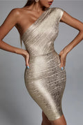 High Quality Celebrity One Shoulder Foiling Gold Print Rayon Bandage Dress Elegant Club Party Dress Vestidos