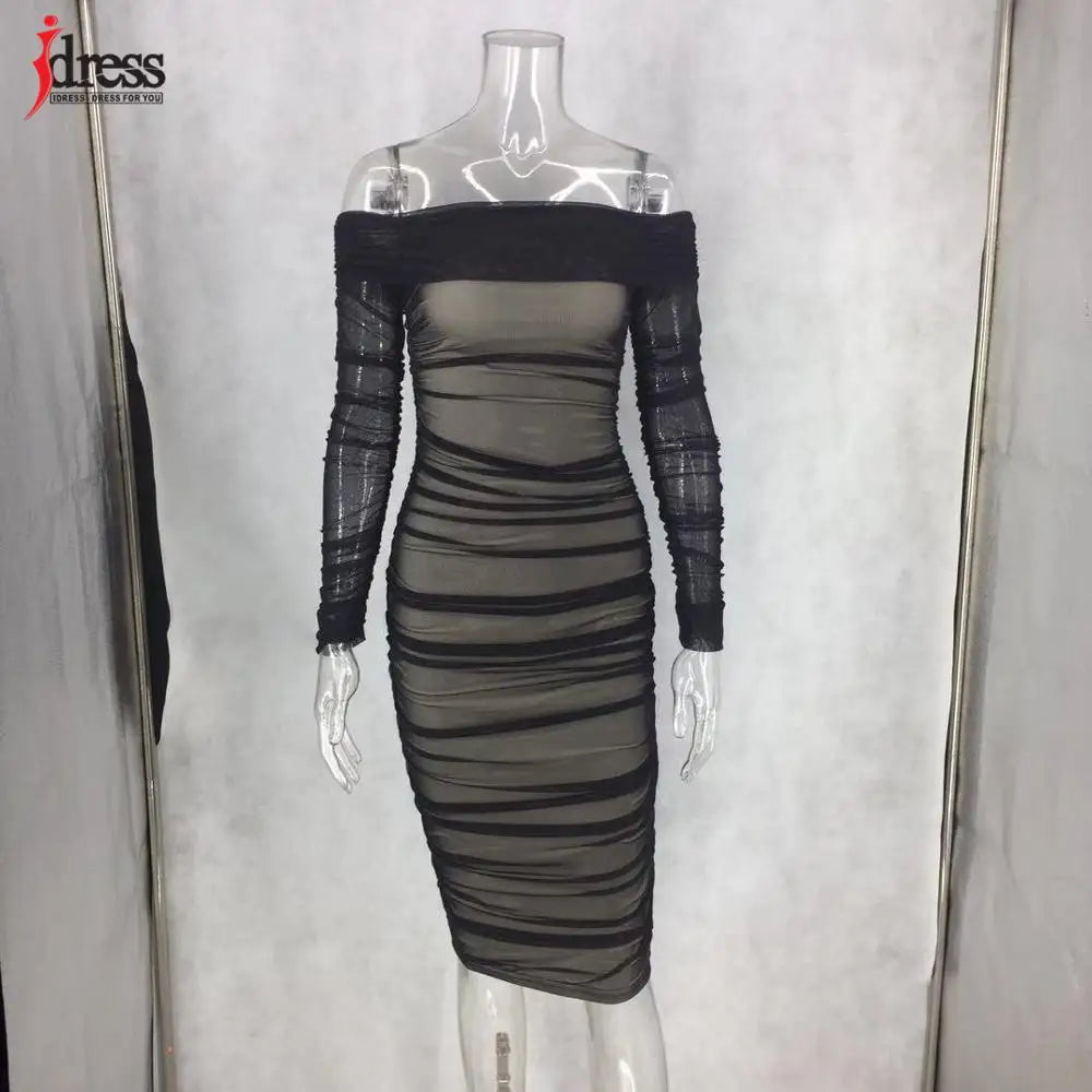 Sexy Black Mesh Summer Dress Women Slash Neck Folds Bodycon Dress Woman Party Night Vintage Elegant Dress Ladies Vestidos