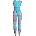 Women 2 Pieces Set Low-Neck Solid Lace Up Corset Top+Stripe Swirl Print Pants Elastic Skinny Sporty Street Outfits