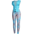 Women 2 Pieces Set Low-Neck Solid Lace Up Corset Top+Stripe Swirl Print Pants Elastic Skinny Sporty Street Outfits