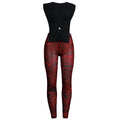 Women 2 Pieces Set Low-Neck Solid Lace Up Corset Top+Stripe Swirl Print Pants Elastic Skinny Sporty Street Outfits