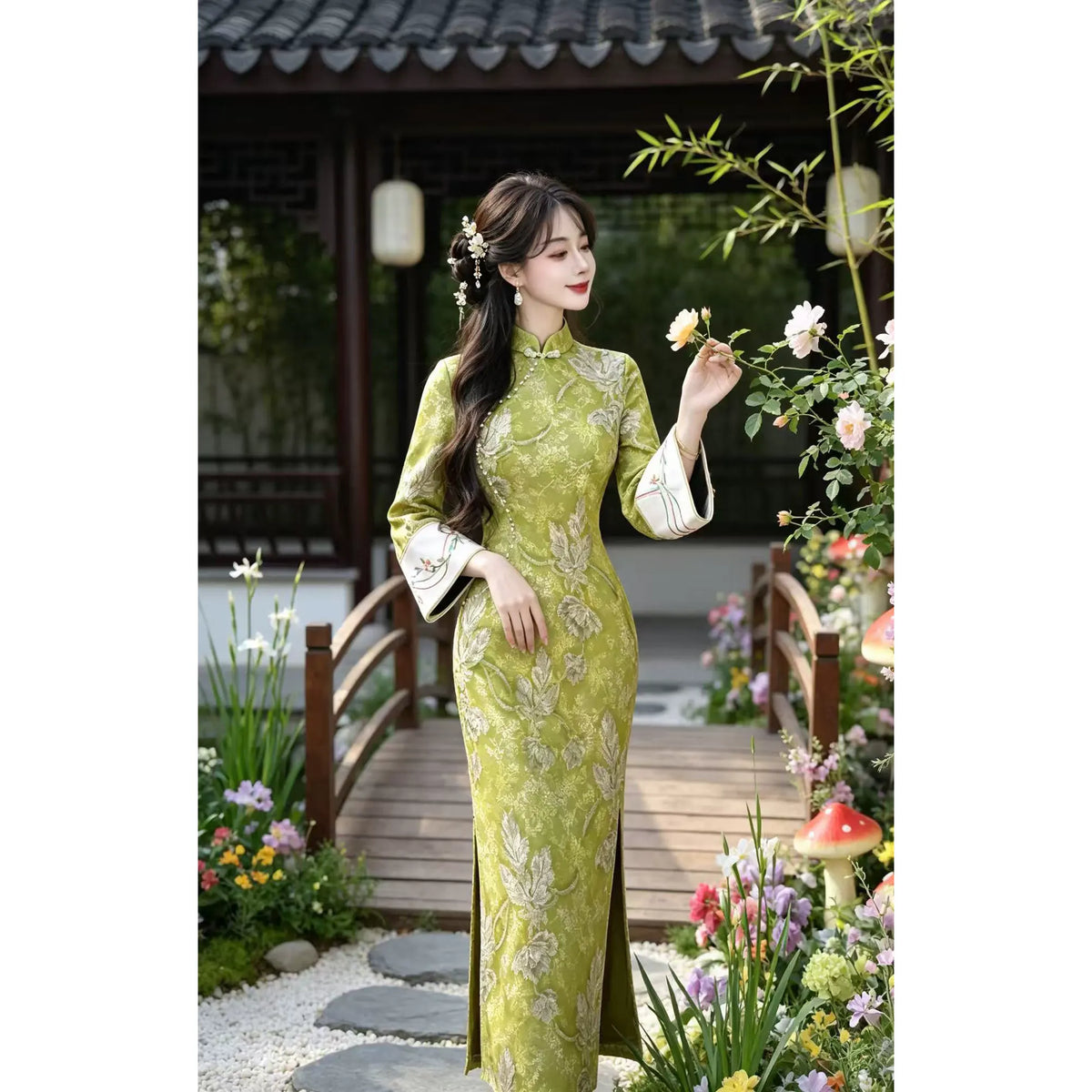 Autumn and Winter Long Sleeve Chiffon Embroidered Brocade Qipao Dress