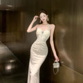French Dress Temperament Socialite Muse Diamond Jewelry Cover Meat Skinny Suspender Dress Neck Design Lace Dress