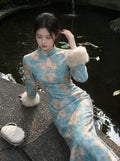 2026 Autumn and Winter Dress Velvet Thickened Long-sleeved Cheongsam Qipao White Jacquard Gentle and Elegant Long Dress