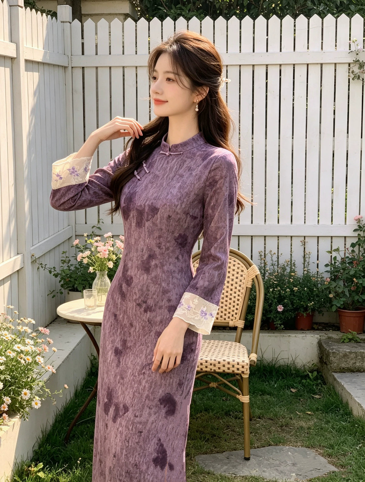 2026 Autumn Dress High End Improved Edition Retro Purple Waist slimming Cheongsam Skirt
