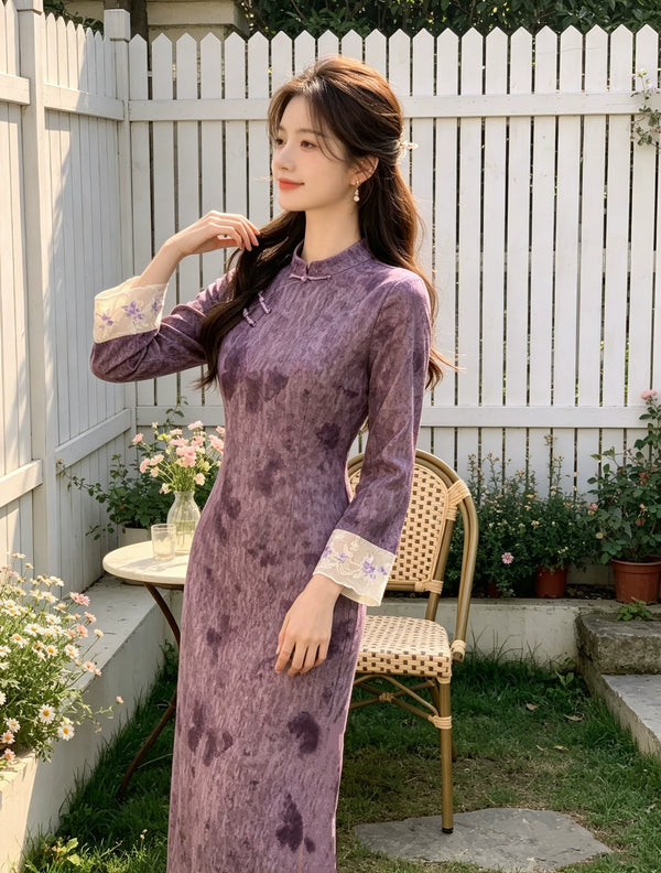 2026 Autumn Dress High End Improved Edition Retro Purple Waist slimming Cheongsam Skirt