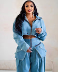 Denim Women's Set Ruched Long Sleeve Jacket and Pocket Front Loose Jeans Pants Two 2 Piece Sets Outfits Tracksuit