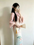Pink Dress Gradual Change Color Improved Cheongsam Qipao Velvet Gentle Slim Jacquard National Style Dress Autumn and Winter