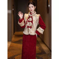 2026 Autumn and Winter Red Dress Suit Festive and Cute Style Vest Jacket Improved Cheongsam Velvet Two-piece Set for Women