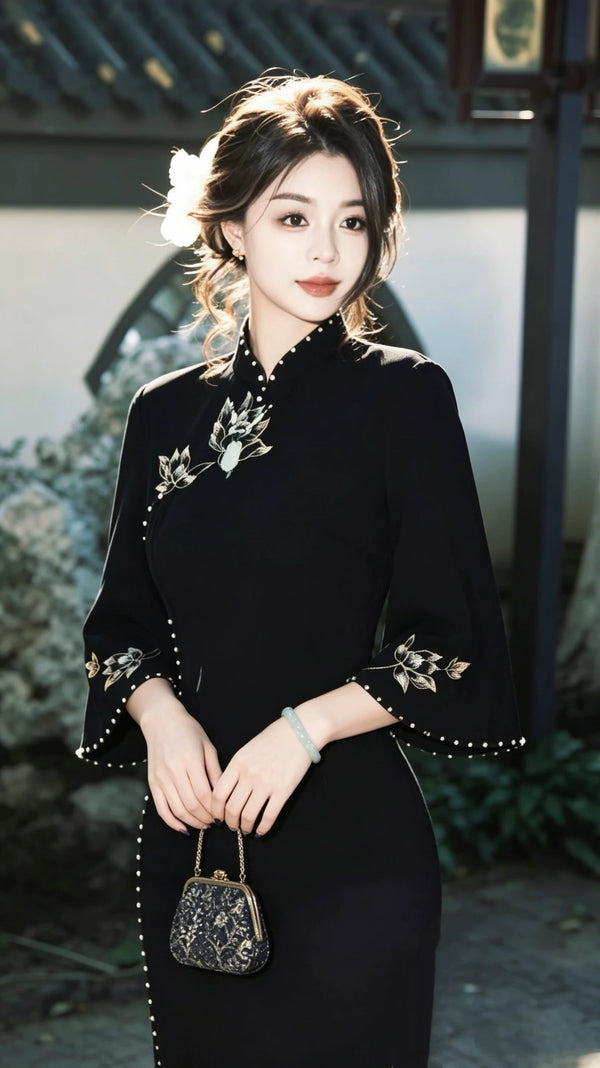 Retro Inkstone Lotus Black Dress Cheongsam Women's Autumn New Style Inverted Large Sleeves Waist cinching Slimming Split Dress