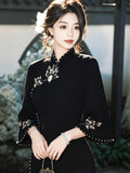 Retro Inkstone Lotus Black Dress Cheongsam Women's Autumn New Style Inverted Large Sleeves Waist cinching Slimming Split Dress