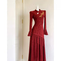 Red Dress Engagement Cheongsam Qipao Improved High-end Horn Sleeve Embroidered Waist National Style Dress