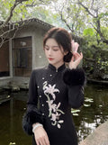 Embroidery Dress Qipao Slim-fit Black Long Sleeve Fleece Cheongsam Dress Women's Clothes