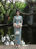 2026 Autumn and Winter Dress Velvet Thickened Long-sleeved Cheongsam Qipao White Jacquard Gentle and Elegant Long Dress