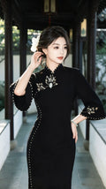 Retro Inkstone Lotus Black Dress Cheongsam Women's Autumn New Style Inverted Large Sleeves Waist cinching Slimming Split Dress