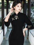 Retro Inkstone Lotus Black Dress Cheongsam Women's Autumn New Style Inverted Large Sleeves Waist cinching Slimming Split Dress