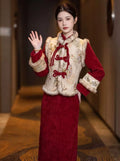 2026 Autumn and Winter Red Dress Suit Festive and Cute Style Vest Jacket Improved Cheongsam Velvet Two-piece Set for Women
