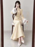 Yellow Dress Jacquard Elegant Sweet Improved Cheongsam High-end Long Sleeved Retro Temperament Slim Fit Winter Velvet Dress