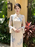 Retro Style Cheongsam Women's Dress Autumn Jacquard Long Sleeved Dress, Daily Elegant and Sweet Women's Clothing
