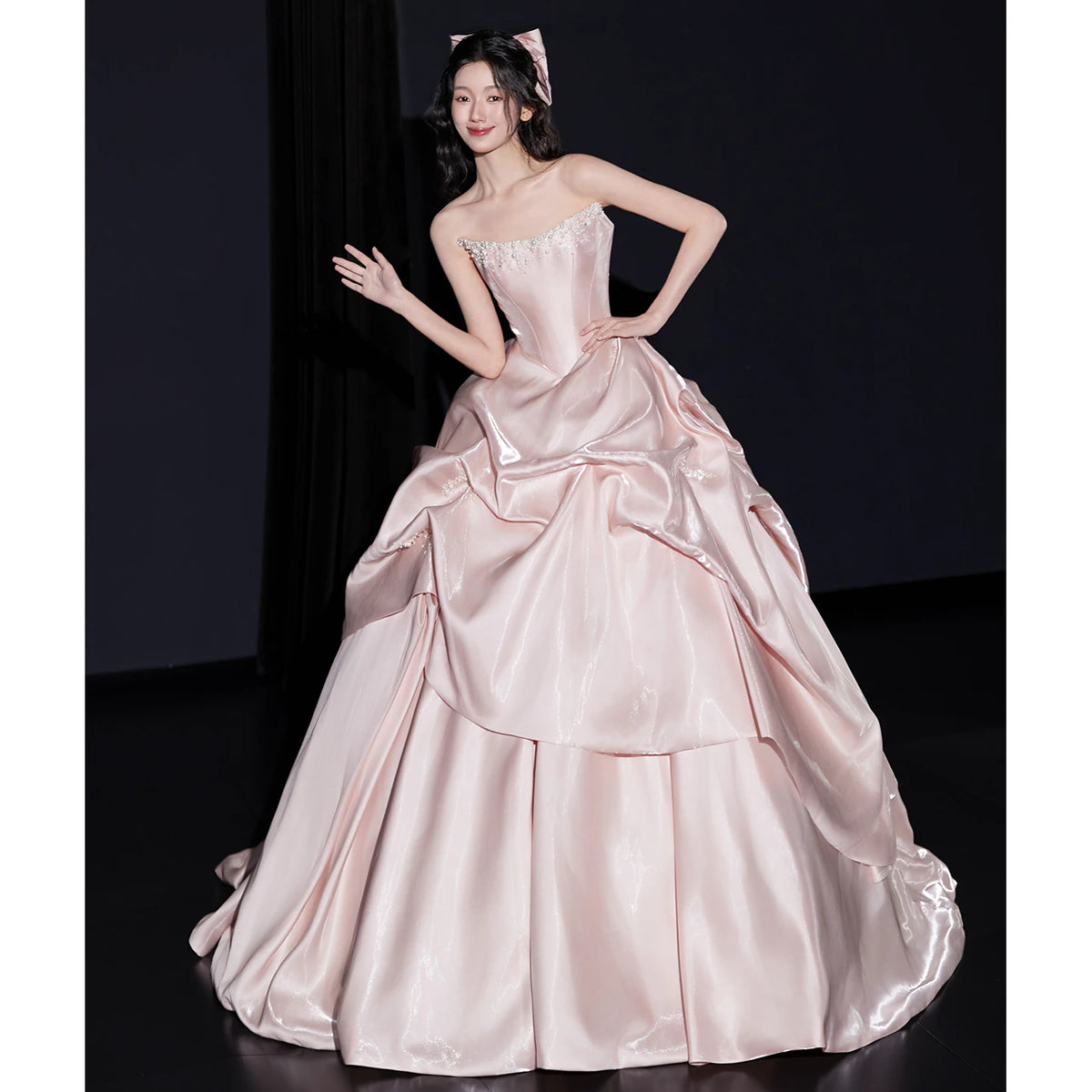 Pink Evening Dress Women's High-end Satin Tube Top Bridal Engagement Dress Toasting Dress Bar Mitzvah Birthday Princess Dress